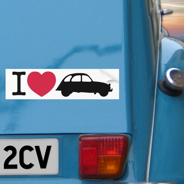 Pegatina Para Coche Me encanta el viejo coche de Deux Chevaux (I love 2CV Bumper Sticker in White with a Black Typography and Illustration)