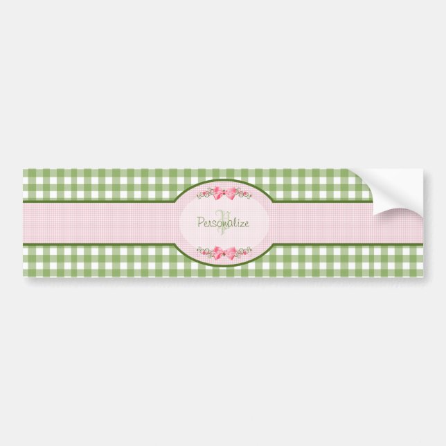 Pegatina Para Coche Monograma Girly Green Gingham Con Nombre (Frente)