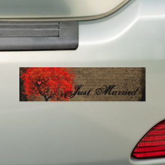 Pegatina Para Coche Red Heart Leafed Tree Just Married Bumper Sticker