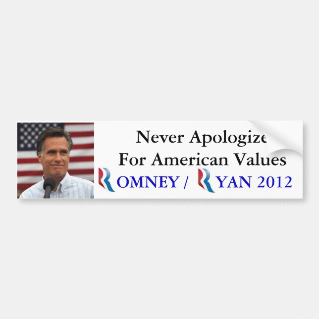 Pegatina Para Coche Romney/Ryan 2012 nunca se disculpa por América (Frente)