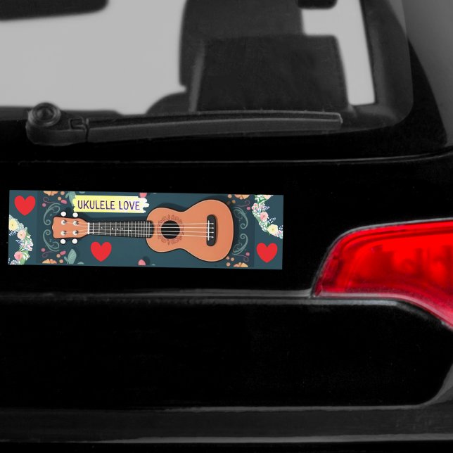 Pegatina Para Coche Ukulele Love Heart Musical Instrumental Flower Boh (A cute bumper sticker for ukulele players, picturing a ukulele with hippie flowers ad hearts)