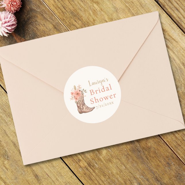 Pegatina para Despedida de Soltera de Vaquera con  (Elegant Pink Floral Cowgirl Bridal Shower Sticker)