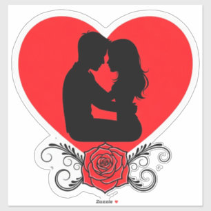 Pegatina Pareja Abrazándose En Corazón Rojo Con Rosa Orname