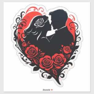 Pegatina Pareja Abrazándose En Corazón Rojo Con Rosa Orname