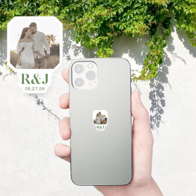 Pegatina Pareja boda Añadir foto Monograma verde (Wedding Couple Add Photo Green Monogram Sticker)