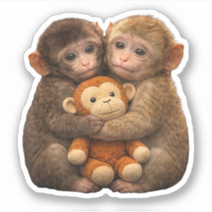 Pegatina Pareja de monos lindos abrazándose Arte de peluche