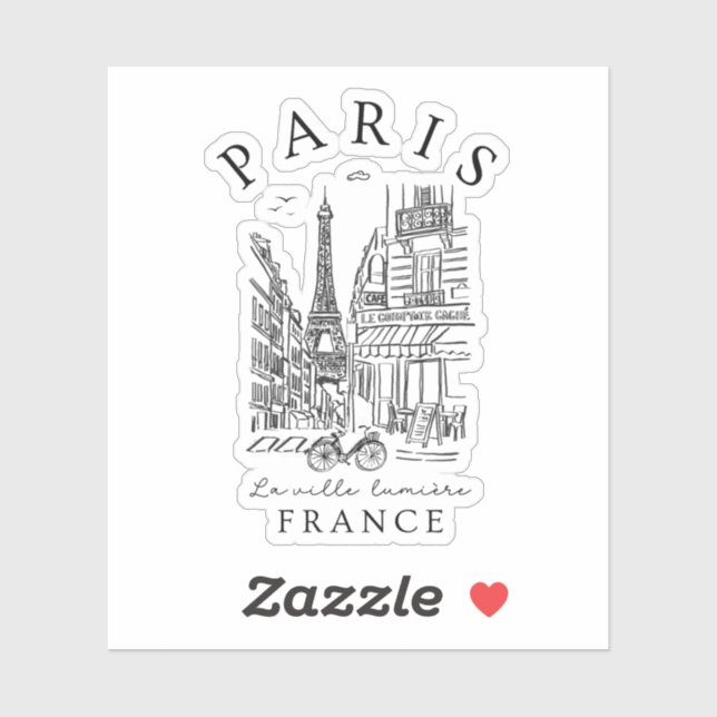 Pegatina Paris France – Souvenir Sketch Eiffel Tower & Café (Hoja)