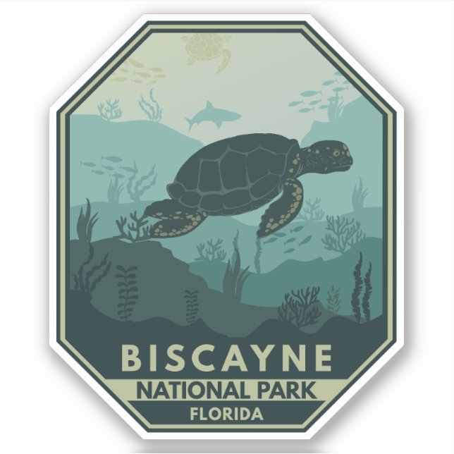 Pegatina Parque nacional Biscayne Turtle Retro Emblem (Anverso)