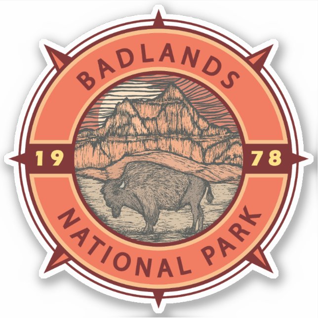 Pegatina Parque nacional de Badlands Brújula retro de búfal (Anverso)