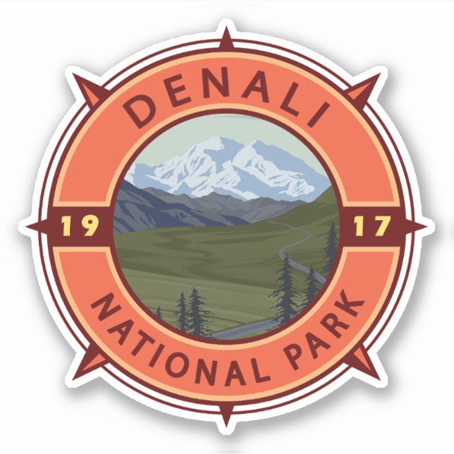 Pegatina Parque nacional Denali Emblema de brújula retro (Anverso)