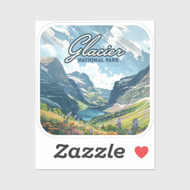 Pegatina Parque nacional Glaciar Lago Montana Retro (Hoja)