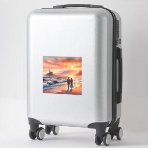 Pegatina Paseo por el faro del atardecer costero romántico