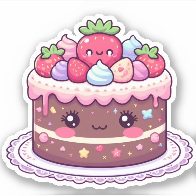 Pegatina pastel de cumpleaños de kawaii con chocolate (Anverso)