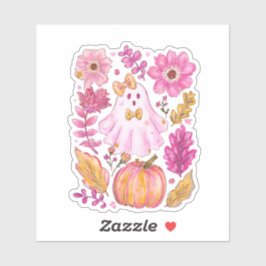 Pegatina Pastel Pink Halloween Ghost with Flowers and Pumpk