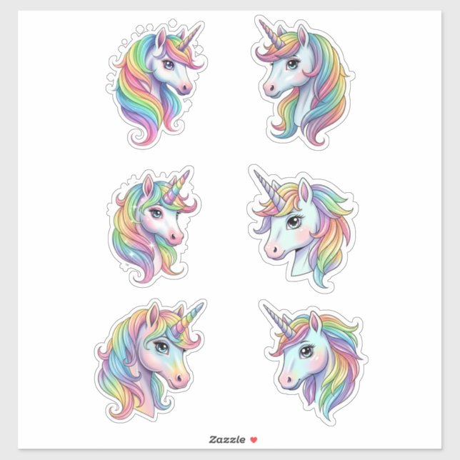 Pegatina Pastel Rainbow Unicorn Faces Vinyl Sticker (Hoja)