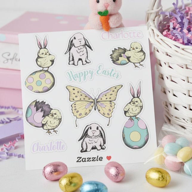 Pegatina Patata de Pascua, conejo, mariposa y nombre person (Cute Happy Easter Bunny Rabbit, Colorful Eggs & Butterfly Stickers in Pastel Colors for Her)