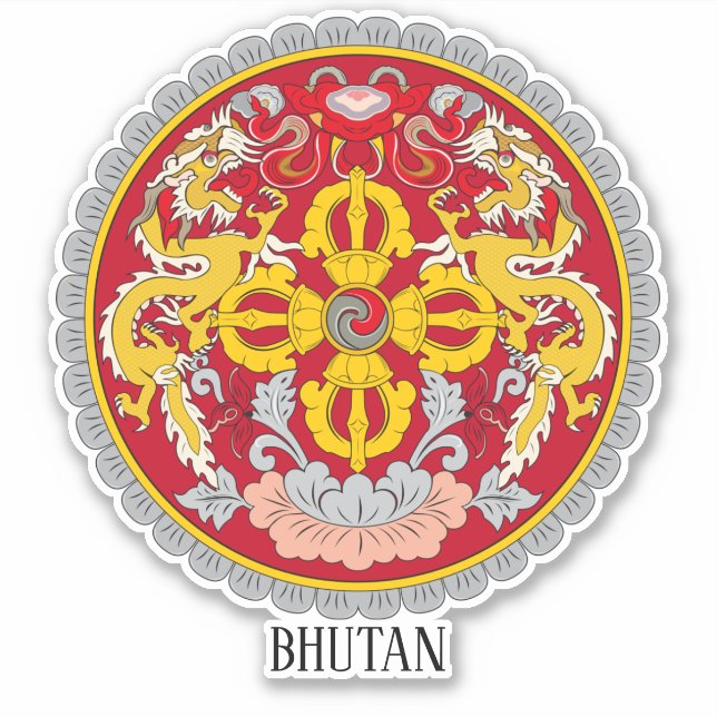 Pegatina Patriótico Del Escudo Nacional De Armas De Bhután (Anverso)