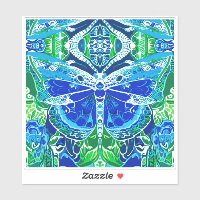 Pegatina Patrón de batik de mariposa y medallón en azul (Hoja)