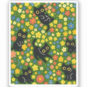 Pegatina Patrón de prado floral con gatos negros lindos