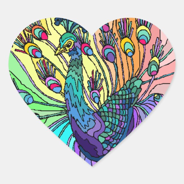 Pegatina pavo real corazón de peafowas pájaros (Anverso)