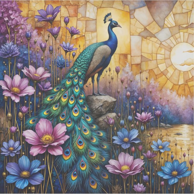 Pegatina Pavo real en paisaje floral (Anverso)