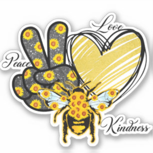 Pegatina Paz Amor Amabilidad Corazón Abeja Dorado Brillo