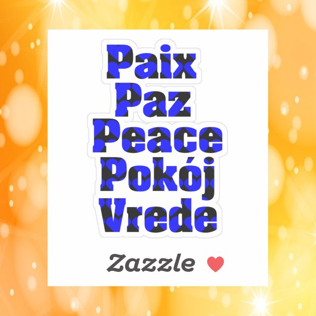 Pegatina Paz en muchos idiomas Corazón azul negro (A sticker that says peace in French, Spanish, English, Dutch and Polish)