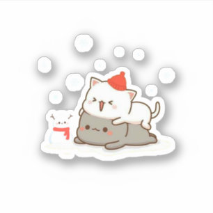 Pegatina Peach Y Goma Mochi Cat, Feliz Navidad