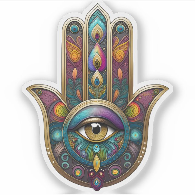 Pegatina Peacock Colors Hamsa w/ Gold Third Eye (Anverso)