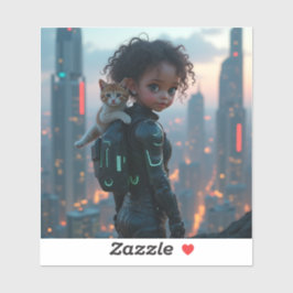 Pegatina pequeña chica afroamericana con gatito