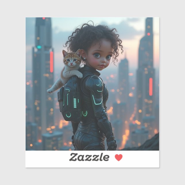 Pegatina pequeña chica afroamericana con gatito (Hoja)