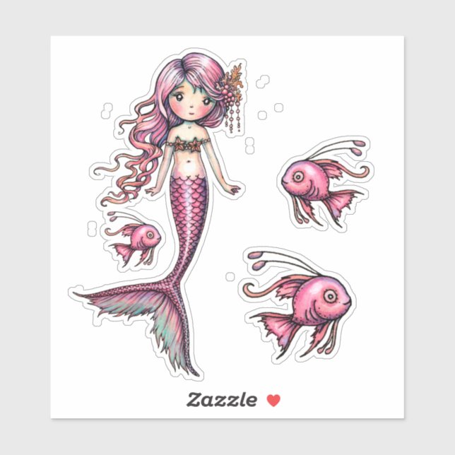Pegatina Pequeña sirena rosa y Ilustracion de peces (Hoja)