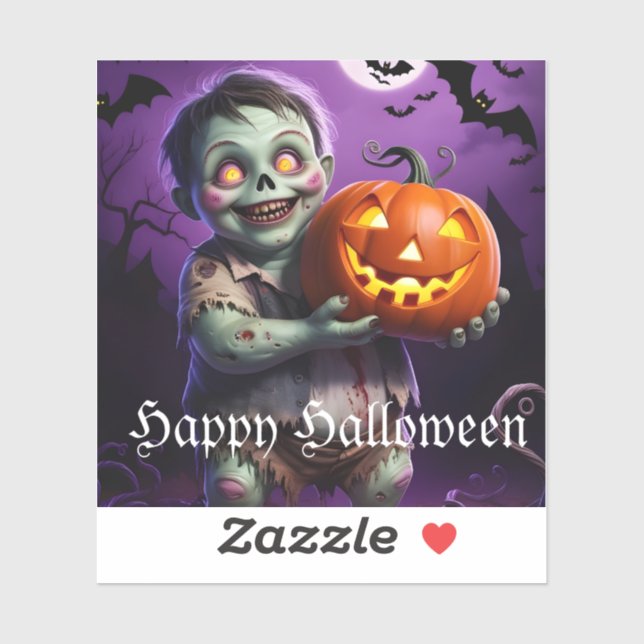 Pegatina Pequeño monstruo verde y amigo de calabaza (Hoja)