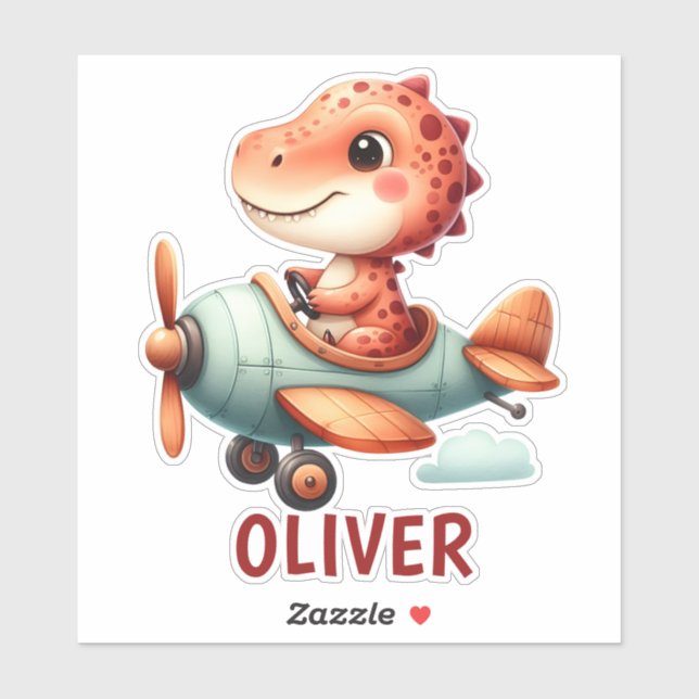 Pegatina Pequeño Piloto Dinosauri Cute Volando Avión (Hoja)