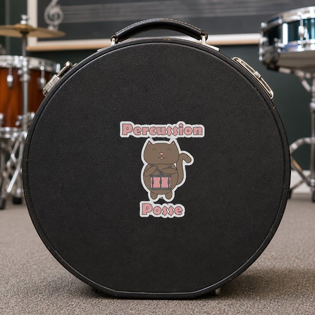 Pegatina Percussion Posse - Cute Funny Drummer Cat (A die cut sticker with a snare drum playing cat and the text percussion posse.)