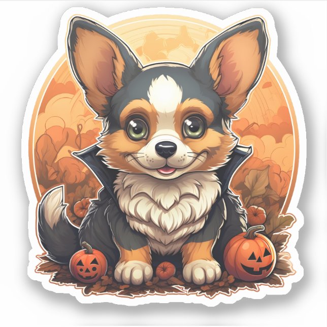 Pegatina Perro Adorable Con Calabazas Personalizado Hallowe (Anverso)