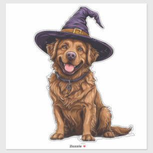 Pegatina Perro Adorable con Sombrero de Brujo Púrpura