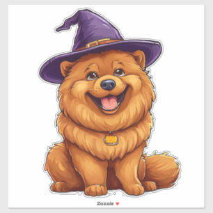 Pegatina Perro Adorable con Sombrero de Brujo Púrpura