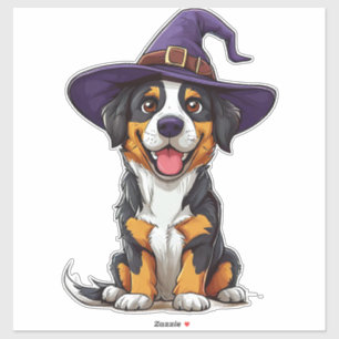 Pegatina Perro Adorable con Sombrero de Brujo Púrpura