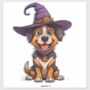 Pegatina Perro Adorable con Sombrero de Brujo Púrpura
