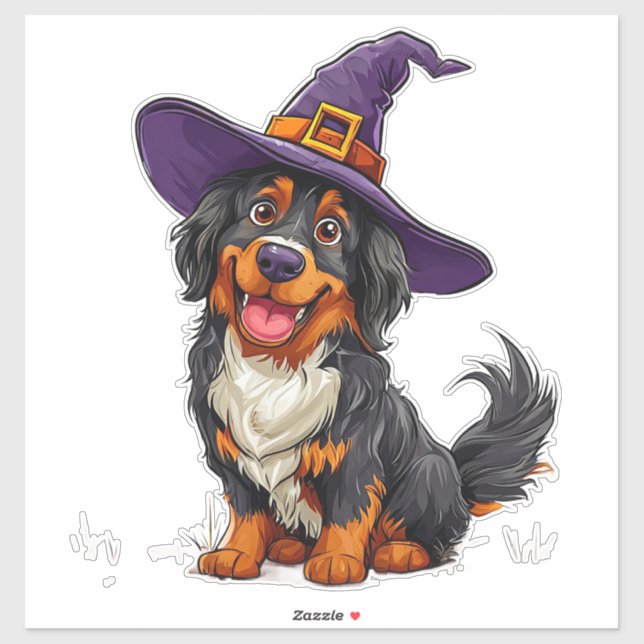 Pegatina Perro adorable de Halloween con disfraz de sombrer (Hoja)