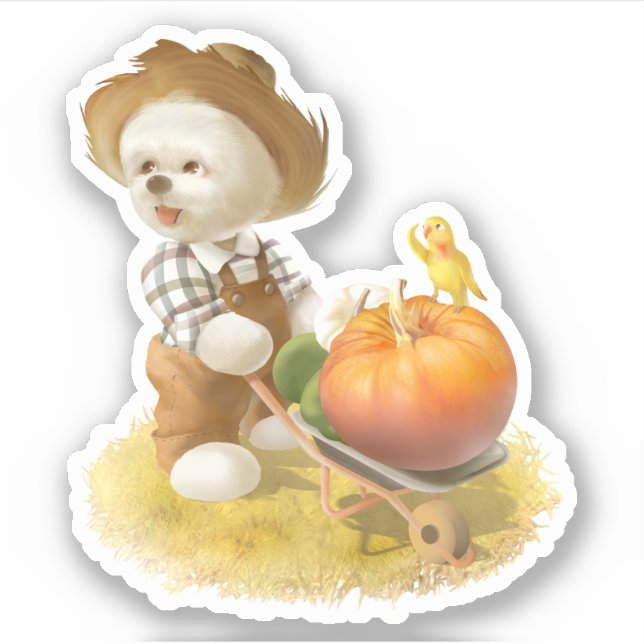 Pegatina Perro agricultor con calabaza (Anverso)