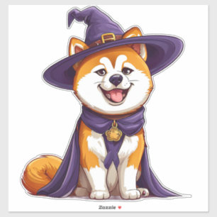 Pegatina Perro Akita Divertido con Sombrero de Mago Morado