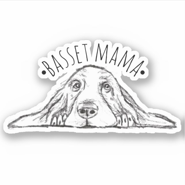 Pegatina perro basset mama dibujado a mano negro blanco sim (Anverso)