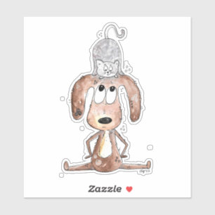 Pegatina Perro caprichoso con gato en la cabeza