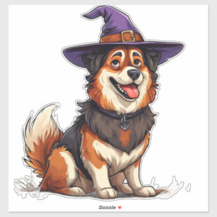 Pegatina Perro con sombrero de mago morado en Halloween