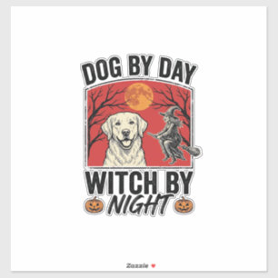 Pegatina Perro De Día Bruja De Noche Vintage Halloween Perr