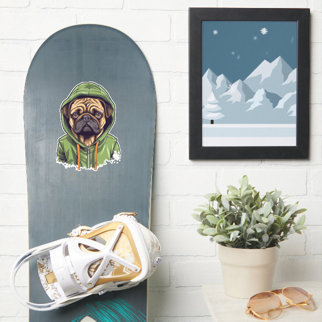 Pegatina Perro de Pug con capucha verde (snowboard)