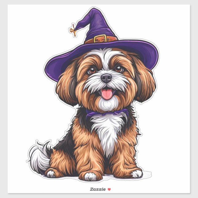 Pegatina Perro Feliz con un Sombrero de Bruja (Hoja)