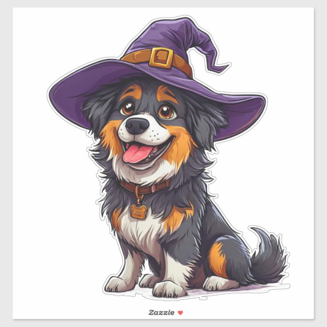 Pegatina Perro Feliz con un Sombrero de Bruja (Hoja)